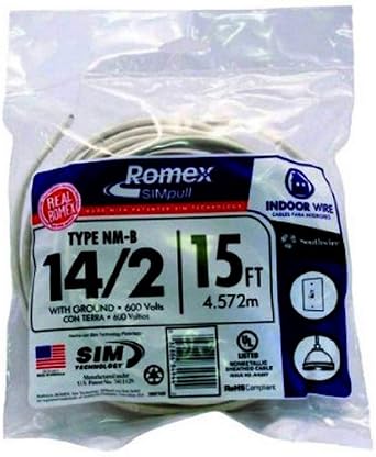 Southwire 28827426 15-Feet 14-Gauge 2 Conductors 14/2 with Ground Type NM-B Romex SIMpull Indoor Building Wire, White Outer Jacket