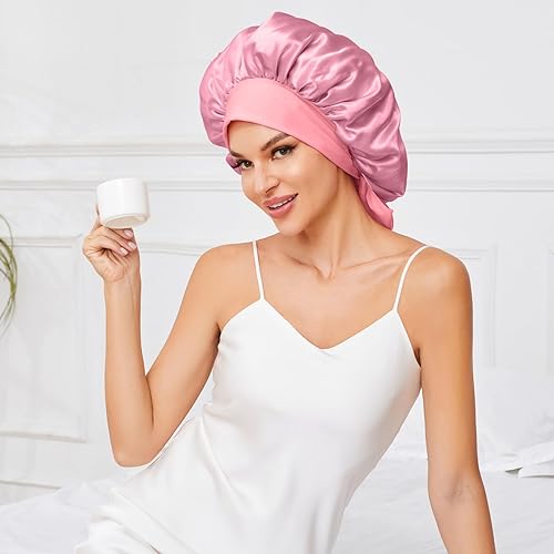 Miniatura 6 de Gorro de satén grande de seda para dormir, gorro de satén de doble capa para mujer, gorro de ducha de cabello rizado natural