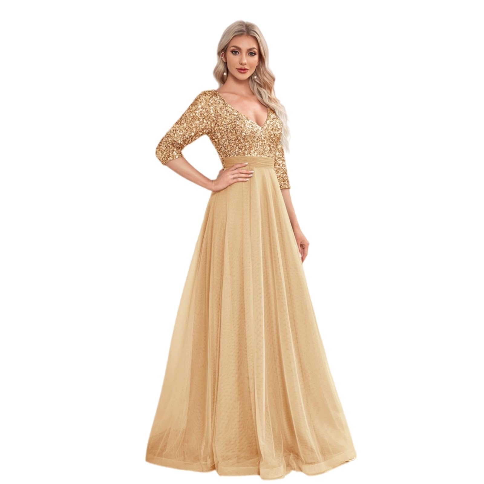 Vestito Donna Oro Paillette Maxi Abito, V Collo Tulle Splice Abito da Sera con Maniche Corte per Eventi di Nozze Festa-Gold-l