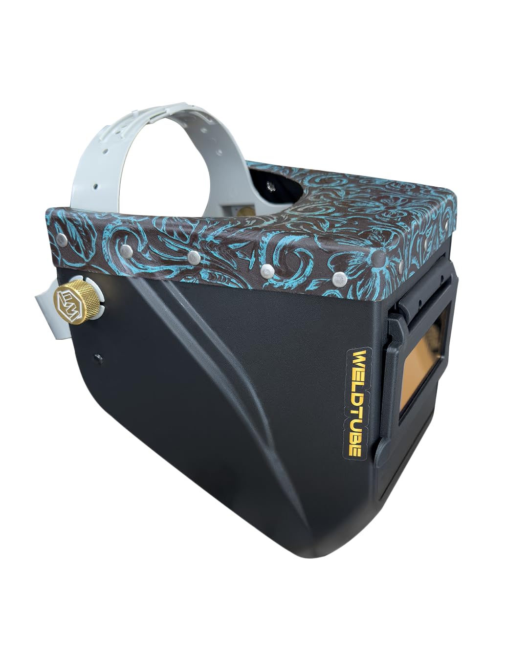Chopped Leather Top Lowpro Welding Helmet with Aluminum Fasteners & Premium High Visibility HD Gold Coated Welding Lens