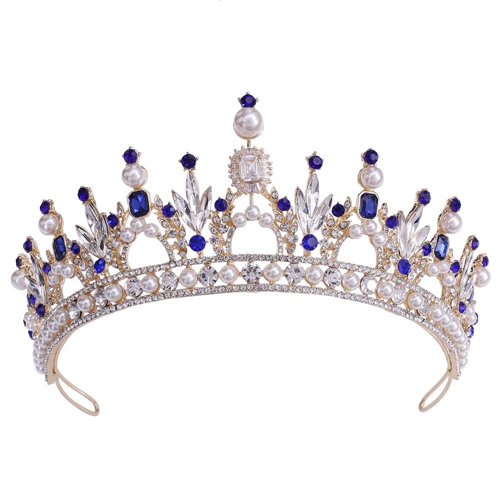 Hecho a Mano Corona de Tiara de Boda for la Novia Joyería for el Cabello Regalos de joyería de Cristal Accesorios for el Cabello de la Perla Diadema de Boda (Metal Color : Blue)