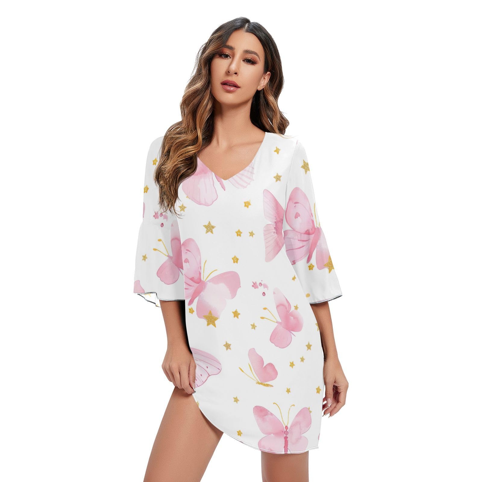 Robe de soirée à manches 3/4 longue imprimée papillon chic