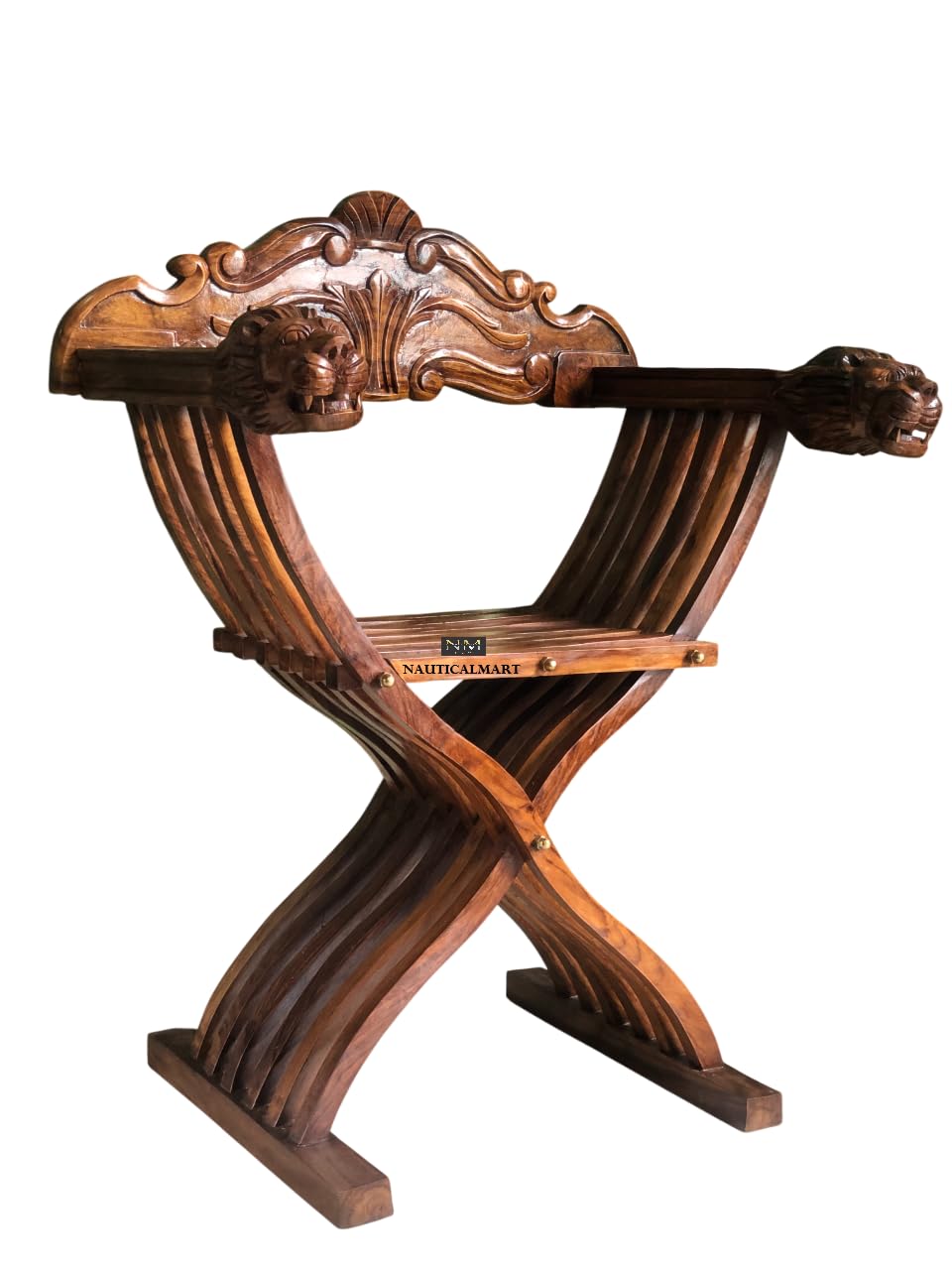Savonarola Folding Chair Dante Hand-Inlaid Lions in Excellent Condition Handmade Renaissance Theatrical Production Historical Significance Guest Chair or