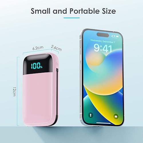 Miniatura 5 de Cargador portátil con cables integrados, batería ultracompacta de 13800 mAh PD de carga rápida USB C, pantalla LCD de 4 salidas, compatible con