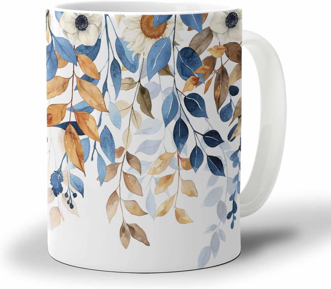BEMIGO Ceramic Coffee Mug Autumn Eucalyptus Leaves Ceramic Mug White Cup, Blue Leaf Insulated Coffee Cup with Handle with Pattern Perfect for Tea and Hot Beverages, 12oz