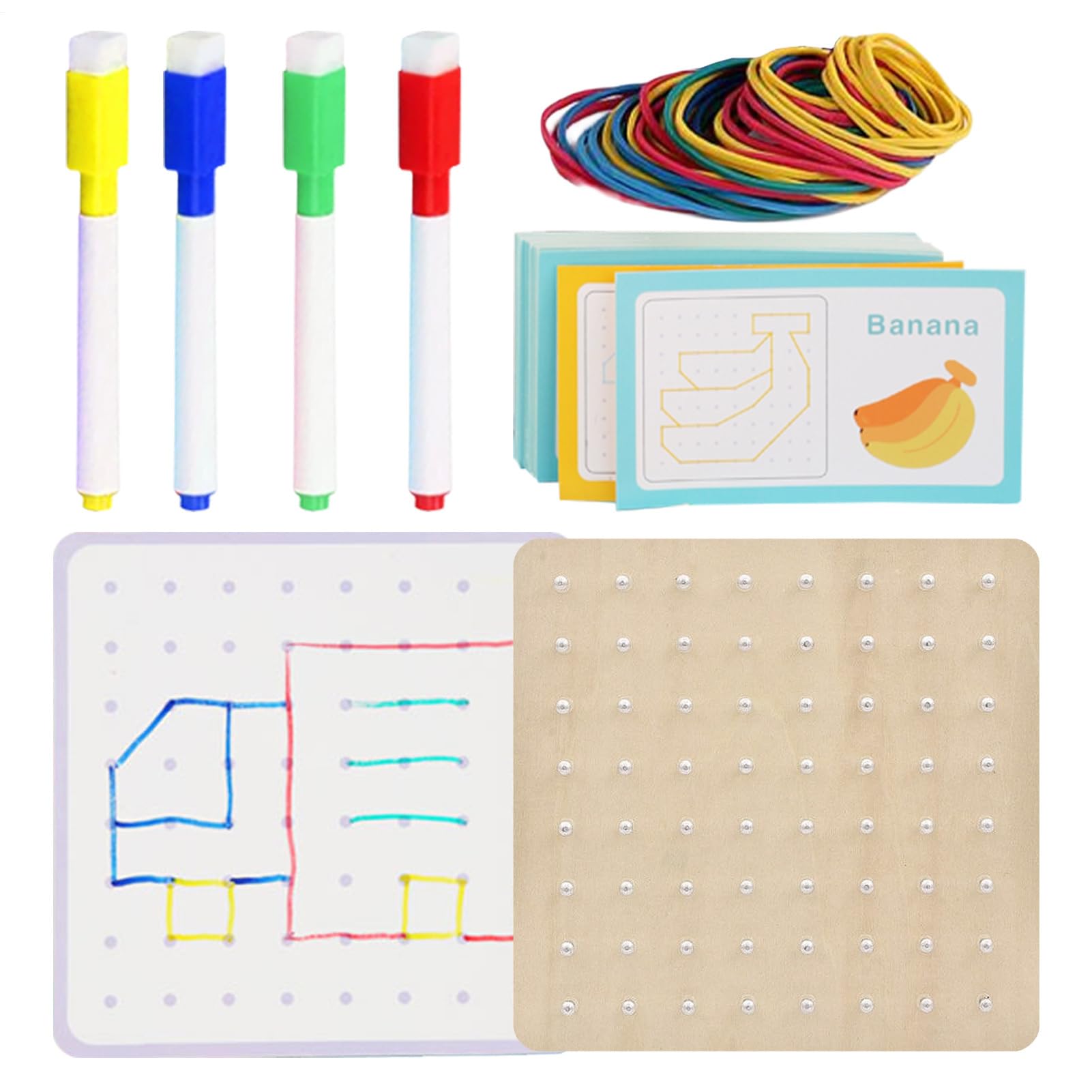Geo Boards with Rubber Bands,Mathematical Shapes for Boys - Wooden Geoboards with Rubber Bands, Educational Toy Gift for Boys and Girls