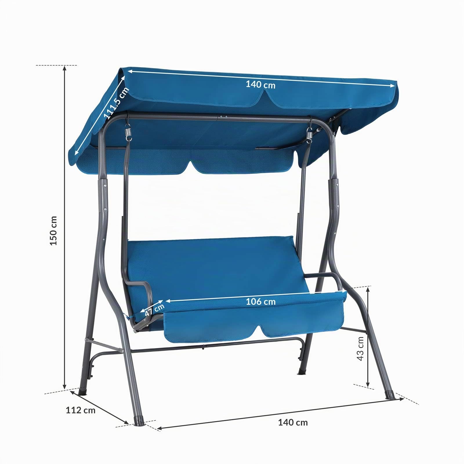 Balancelle de Jardin Hollywood Bleu 140x112x150 cm Balançoire Max 200kg Pare-Soleil Pieds antidérapants Jardin Terrasse