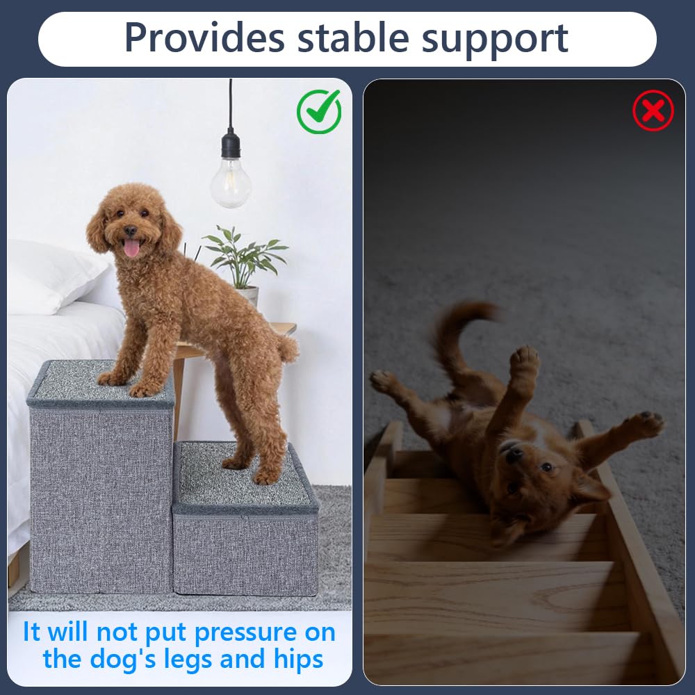 AKOZLIN Hundetreppe mit Stauraum, 2 Stufen, faltbar, grau, 34×49×42cm | 2 in 1 Haustiertreppe, Extra breite Haustierrampe, Für kleine bis große Hunde, Für Katzen geeignet