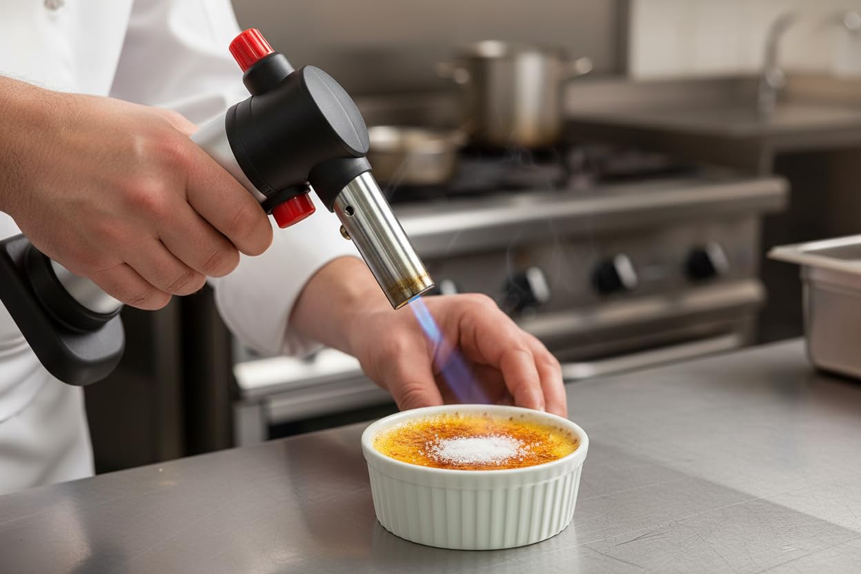 HENDI Crème-Brûlée Brenner, Gas, nachfüllbar (wird leer geliefert), automatischer Zündung, Standfuss, Küchenbrenner, Flambierbrenner, Gasbrenner, Butangas, 115x(H)155mm