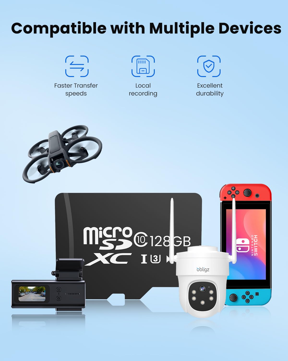 Carte Micro SD 128 Go pour caméras de sécurité, vitesse de lecture jusqu'à 100 Mo/s, C10, U3, V30, A1, carte mémoire pour caméra de sécurité, Dashcam, noir