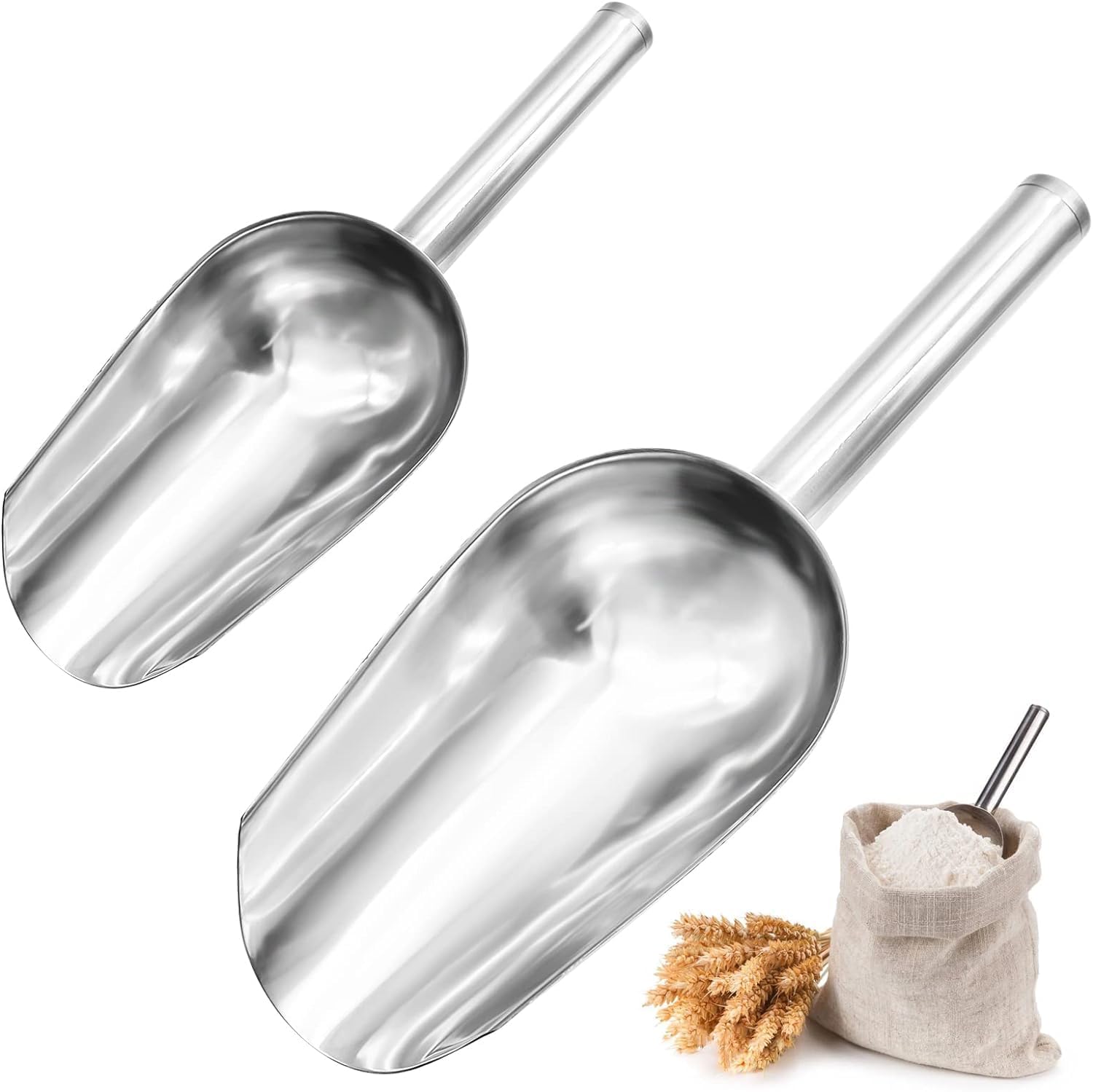 Ice Scoop & Flour Scoop - 2 Piece Stainless Steel Multi-Purpose Food Scoop Set, Portable Metal Scoop for Kitchen, Bar, Garden, Buffet (2 Sizes)