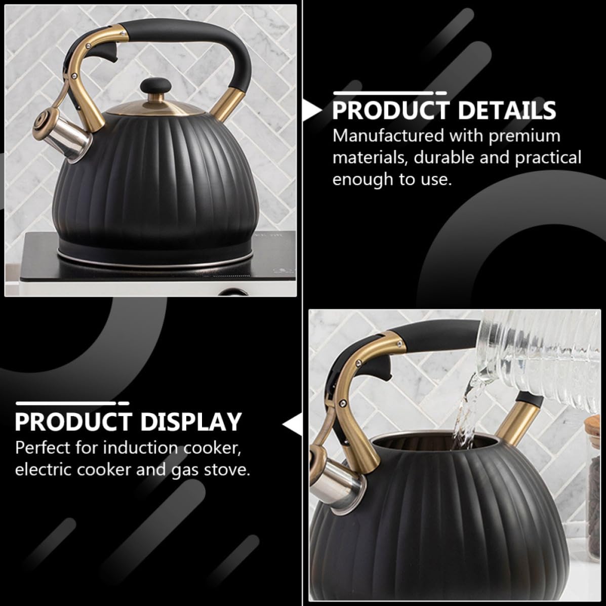 Tetera Silbante de Acero Inoxidable 3,5 L Negra para Cocina