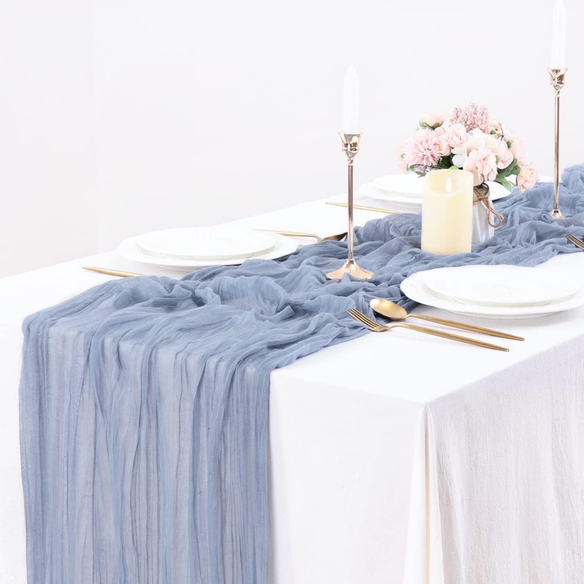 Socomi Cheesecloth Table Runner 10ft Gauze Tablecloth Boho Rustic Dusty Blue Cheese Cloth Table Runner for Wedding Bridal Shower Easter Decoration