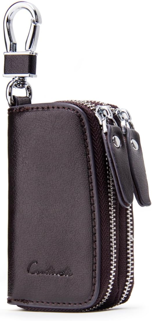 Contacts Genuine Leather Car Key Case Holder Double Zipper Keychain Coin Purse