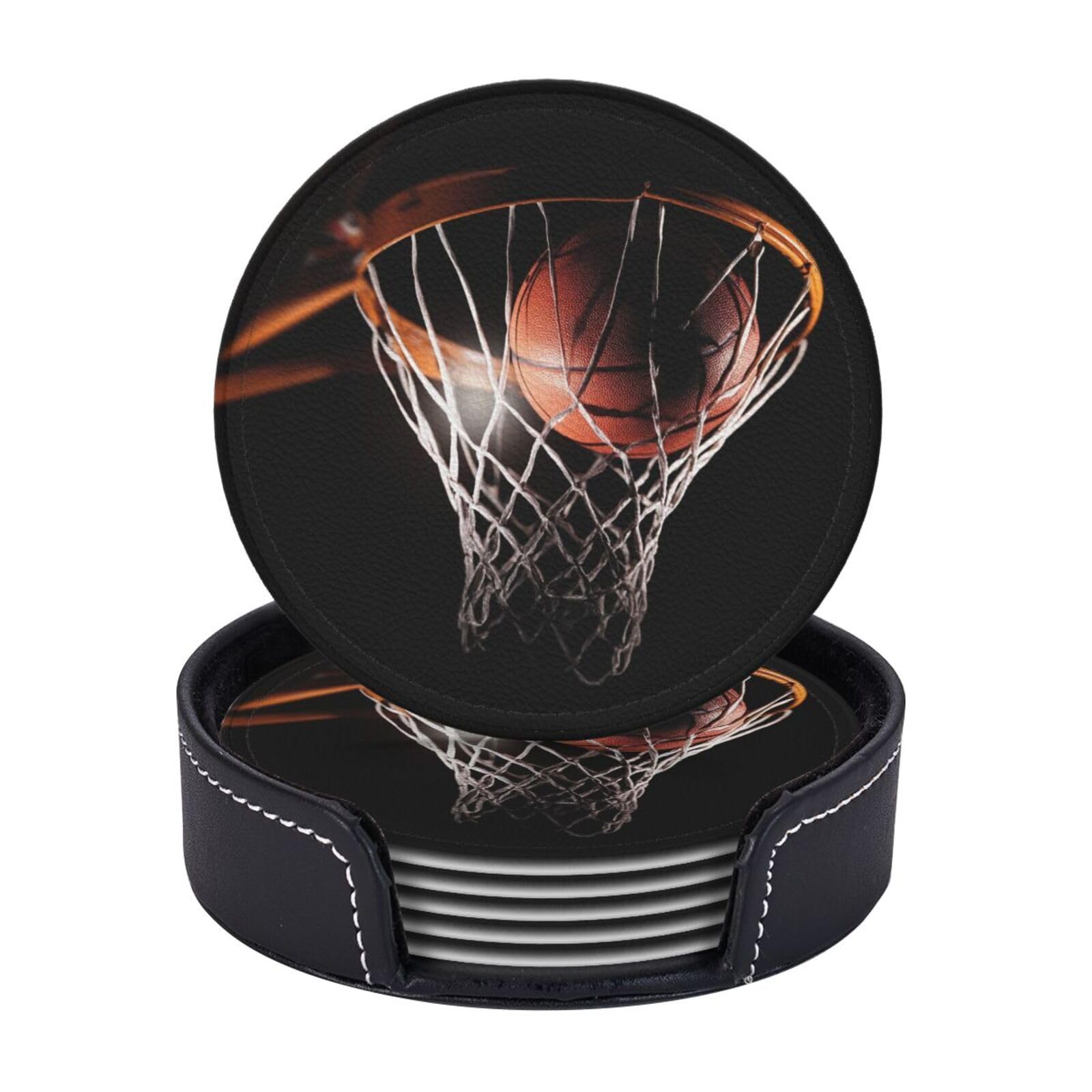 Drink Coasters Set of 6 Coffee Leather Coaster with Holder Basketball Coasters for Drinks Coffee Cup Mat Heat Resistant Tabletop Protection Coaster Desk Accessorie Home Decorative