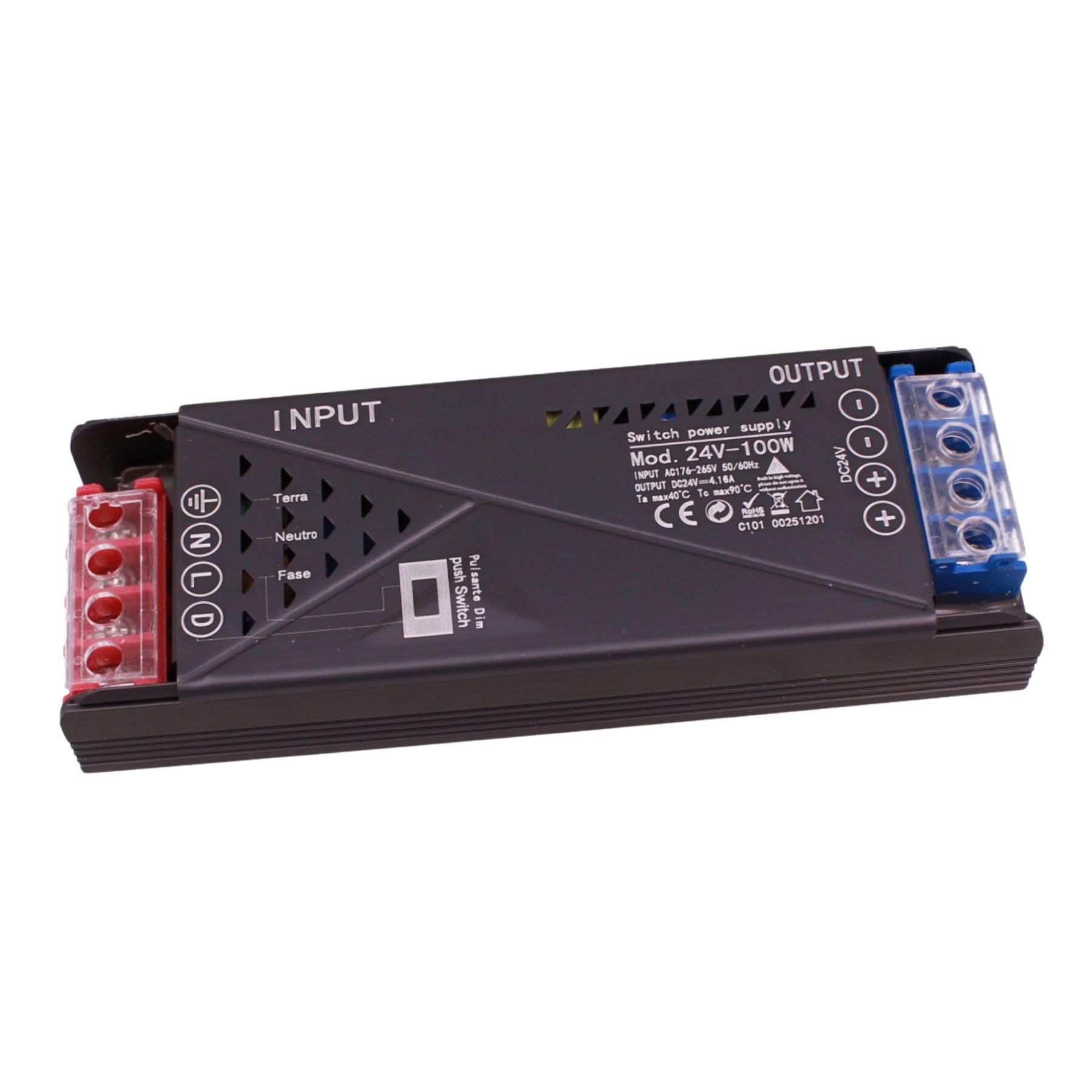 Alimentatore Trasformatore 24V 100W, Dimmerabile con Pulsante NO (10-100%), Memoria e Spegnimento Soft, 2 Uscita Per Striscia Led, Push Dimmer Integrato, Funzione Deviatore e Invertitore, 143×50×25mm - 1