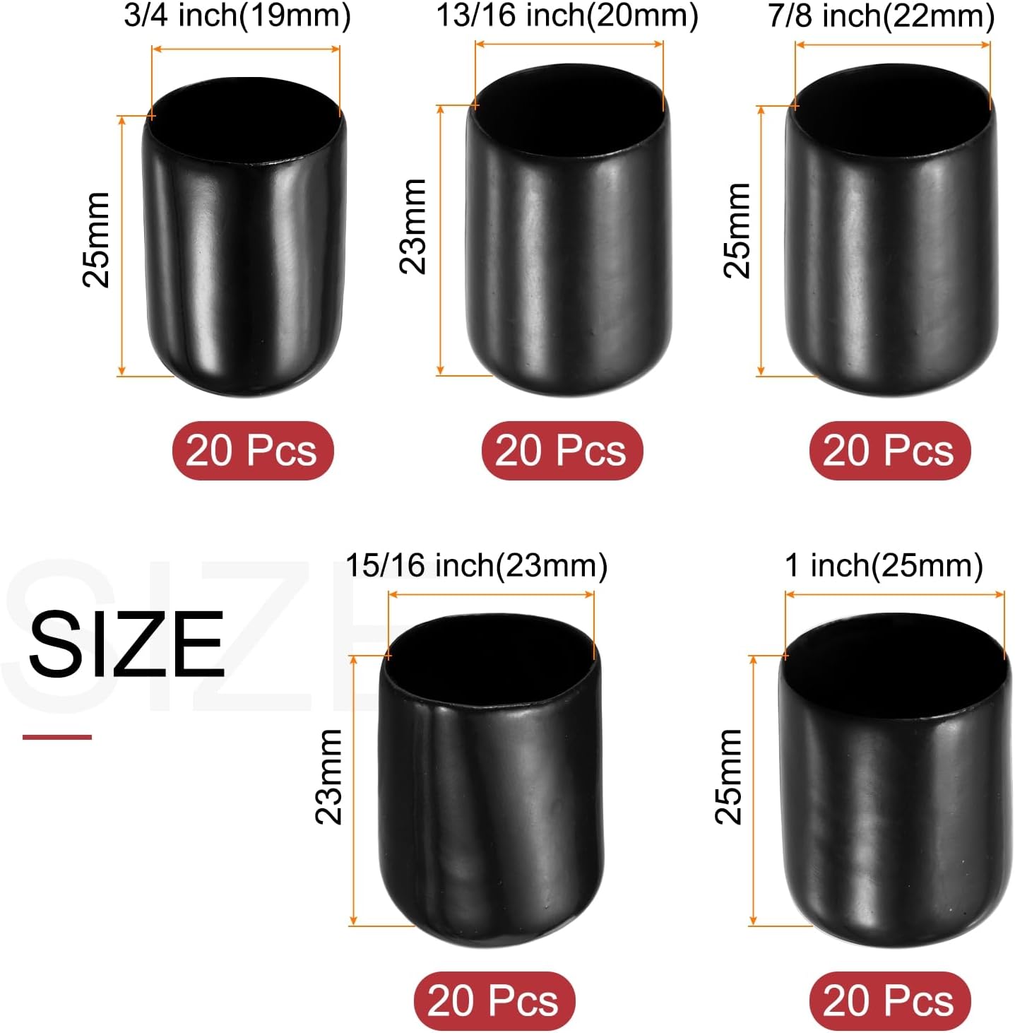uxcell 100pcs Round Rubber End Caps Protective Caps 3/4" 13/16" 7/8" 15/16" 1" Black Screw Thread Protectors