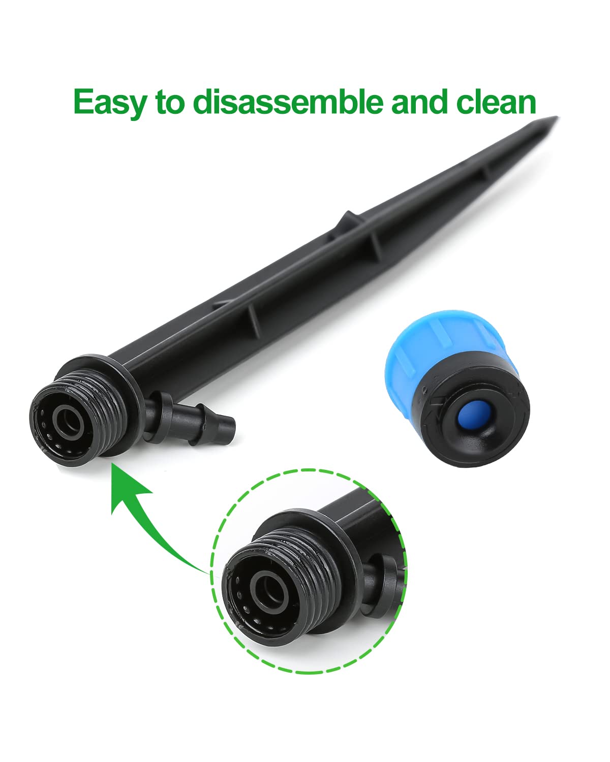 Paquete de 50 emisores de riego por goteo, ajustable, gotero de riego de 360 grados, patrón de círculo completo, burbujeador de flujo de agua con estaca para manguera de riego de 1/4