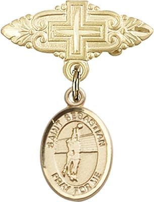 14kt Yellow Gold Baby Badge with St. Sebastian/Volleyball Charm and Badge Pin with Cross 1 X 3/4 inches