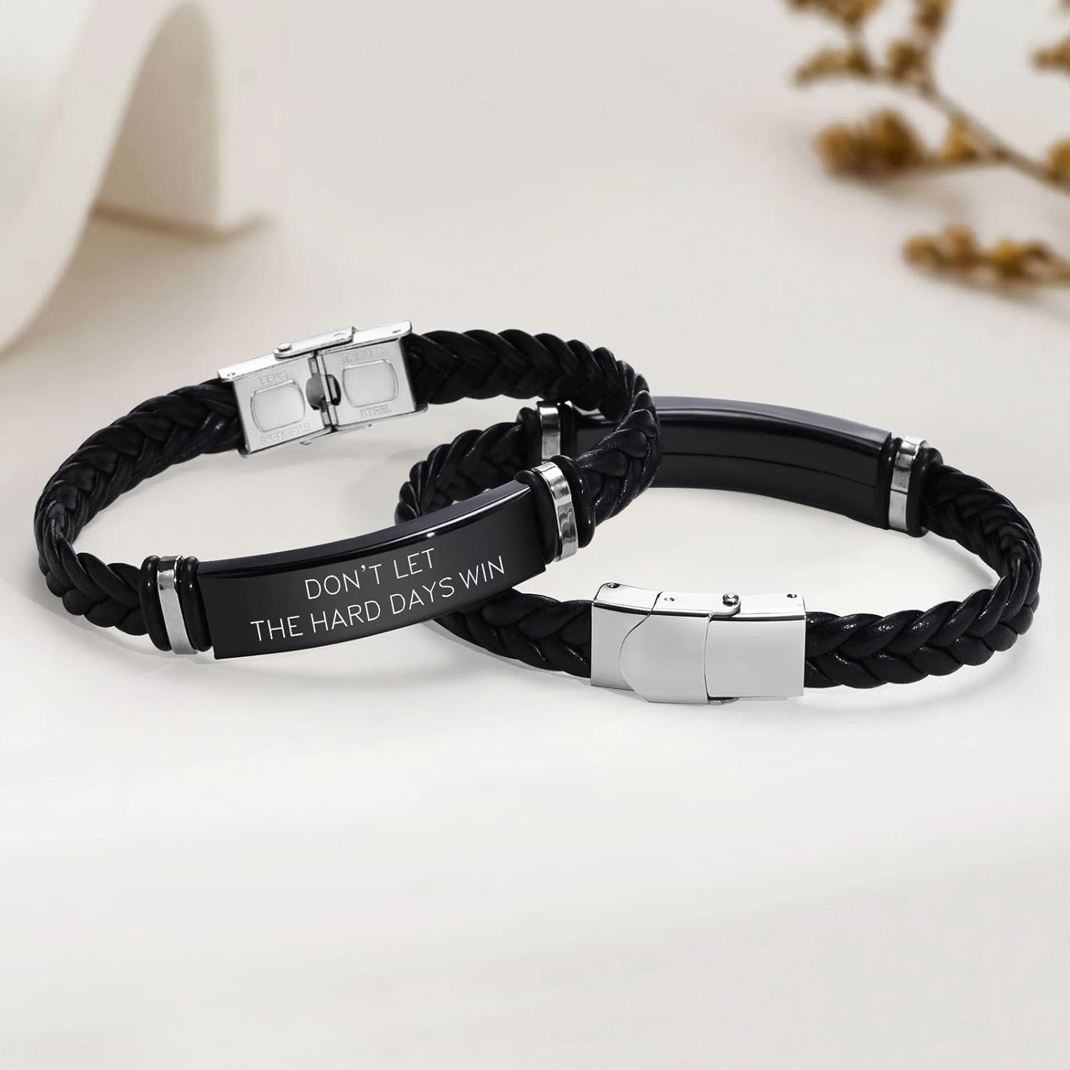 Leather Bracelet Sobriety Gifts for Men : Inspirational Quote/Bible Verse Engraved Braided Black Mens Bracelet for Him, Customized Religious Christian Gift Jewelry for Son/Dad/Boys/Boyfriend/Husband - Image 2