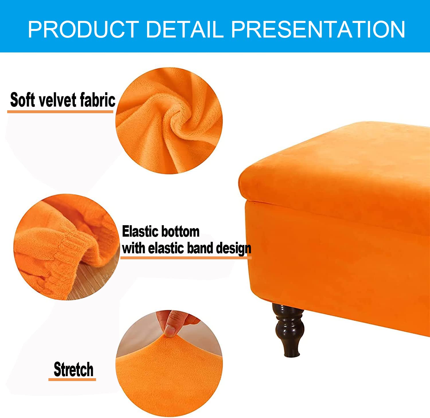 Copri Pouf Poggiapiedi Elasticizzato Copri Ottomano Velluto Rettangolare Copertura per Cassapanca Contenitore Fodera Panca Poggiapiedi Pieghevole per Camera da Letto,Arancia,1Small