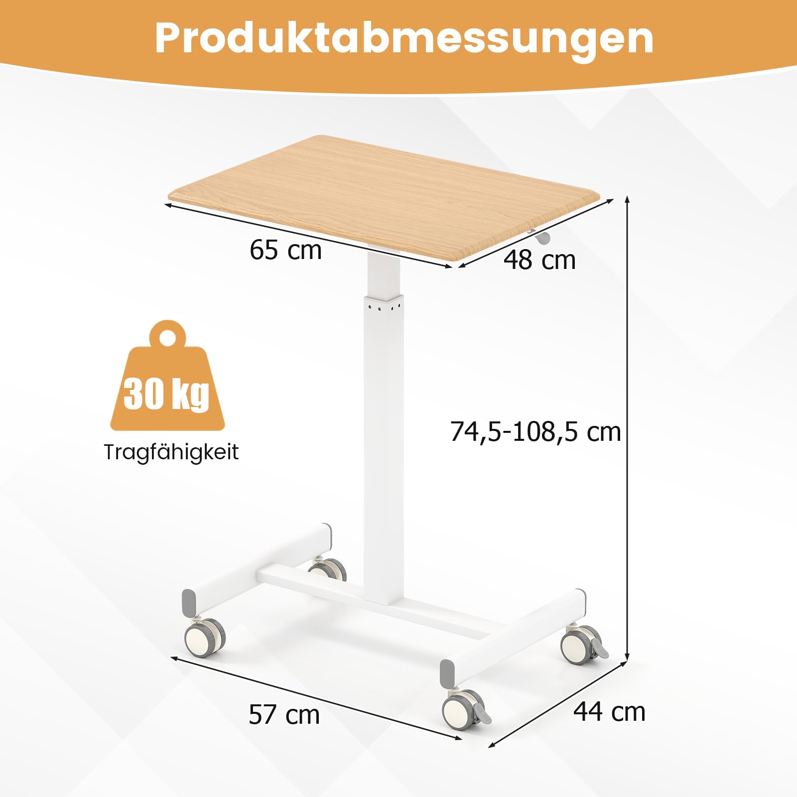 COSTWAY Stehpult höhenverstellbar, Stehtisch mit Rollen, 65 x 48 cm, Steh-Sitz Schreibtisch, Betttisch, mobiler Laptoptisch für Wohnzimmer, Schlafzimmer