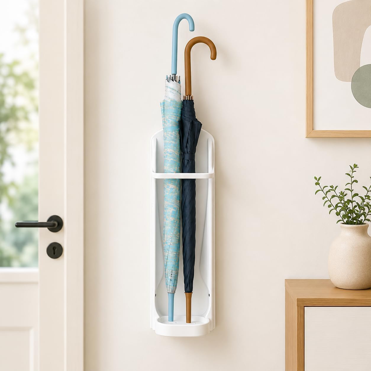 Wall Mounted Umbrella Holder, White, Self Adhesive Stand with Removable Water Drip Tray, Foldable Space Saving Rack, 2.5kg Load Capacity-image-24