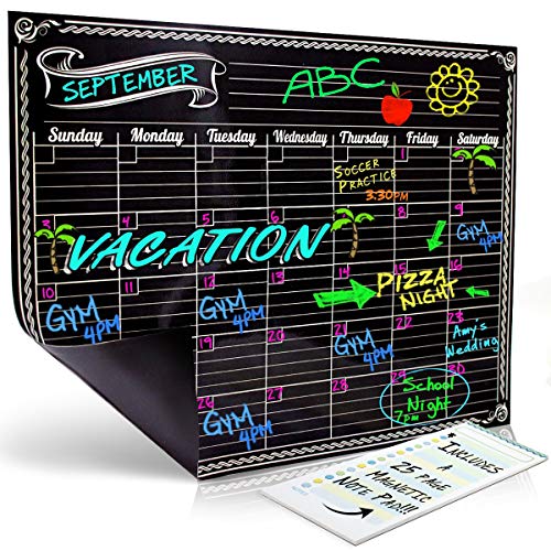 Bigtime Magnetic Refrigerator Calendar Dry Erase Black Flexible Magnet Board Design | Monthly for Kitchen Fridge| Use w/ Fluorescent Liquid Chalk or Neon Markers (12x16 Monthly Calender)