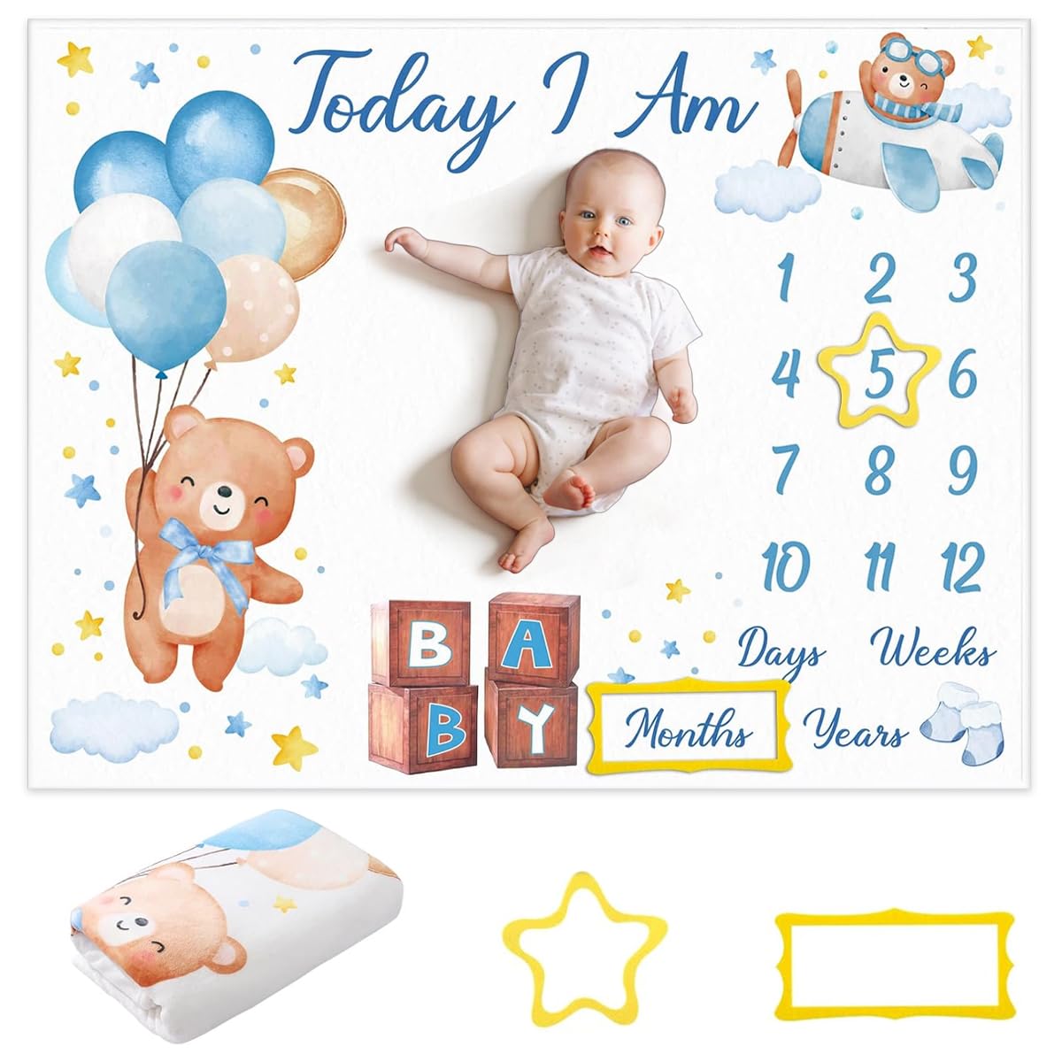 SNOWIE SOFT® Baby Milestone Blanket with 1-12 Months Monthly Markers, Cartoon Watercolor Cartoon Bear Balloon Photo Backdrop Soft Newborn Growth Tracker Mat for Baby Photos, Tummy Time, Nursery Decor-picture-24