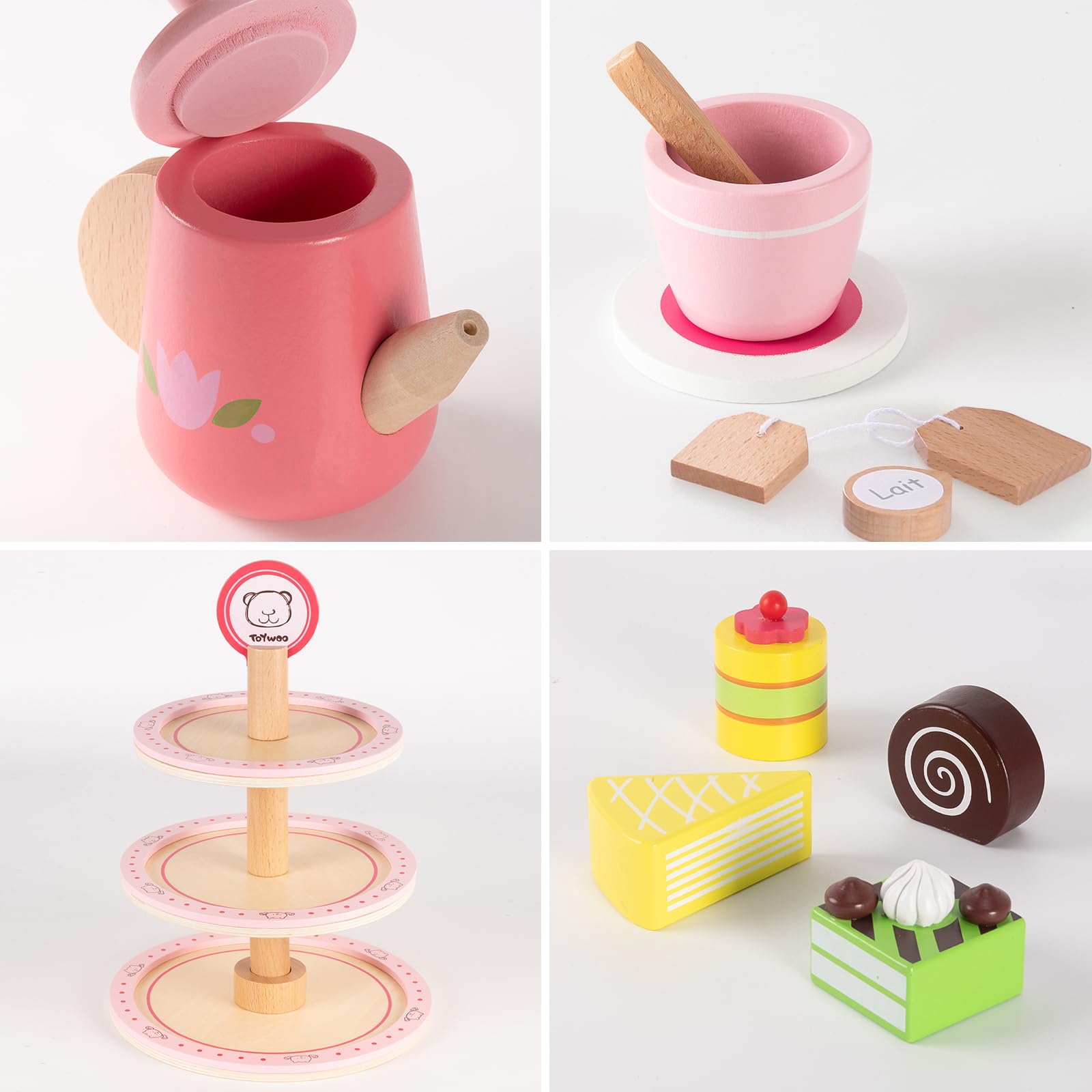 Juego De Té De Madera Atoylink Con Soporte Para Cupcakes, Tetera, Tazas Y Accesorios, Color Macaron, Para Niños De 3 A 8 Años