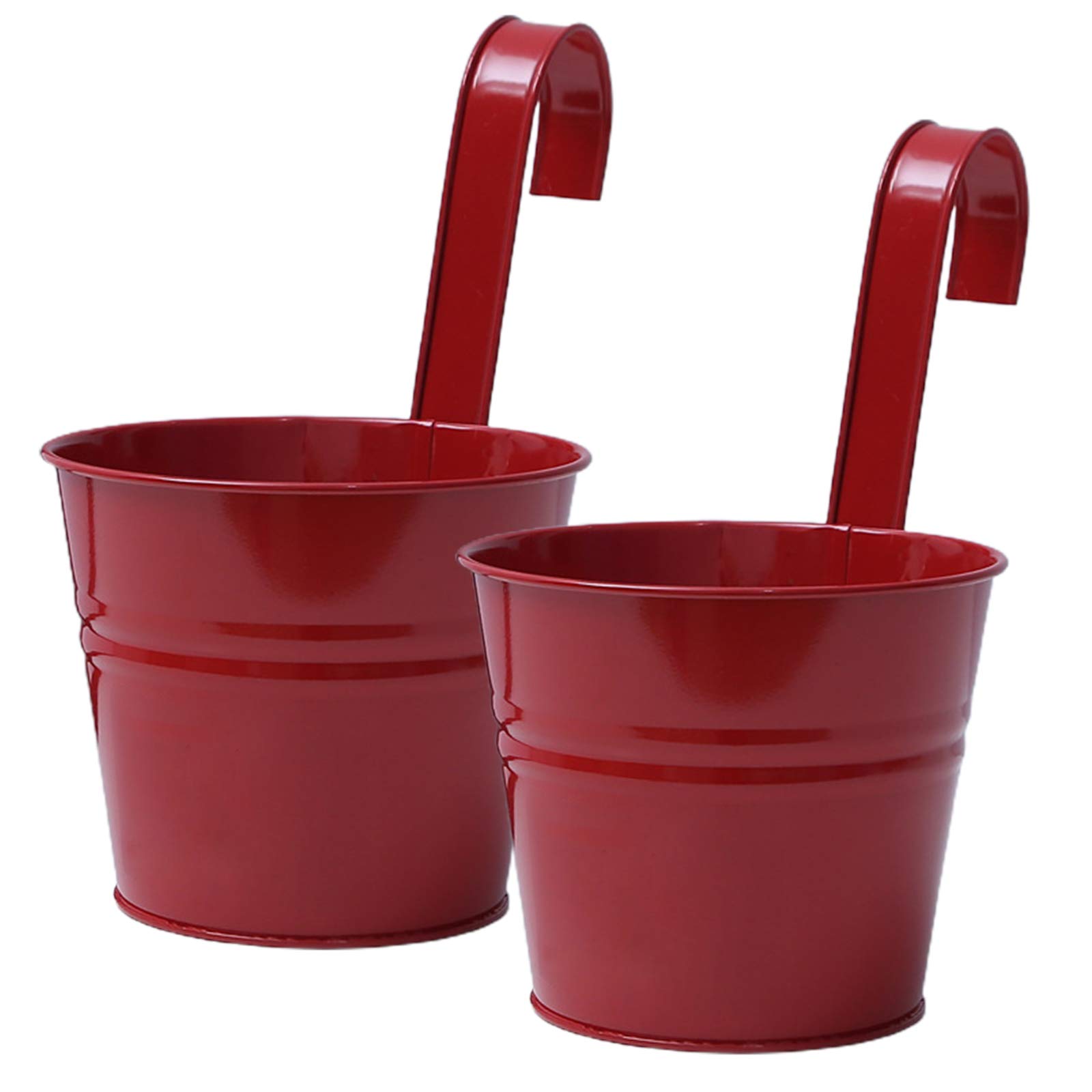ZXCFTG 2pcs Metal Iron Hanging Flower Pots 4 x 6In Balcony Garden Plant Planter Baskets Fence Bucket Pots Flower Holders with Detachable Hook and Drainage Hole for Railing Fence Patio, Red
