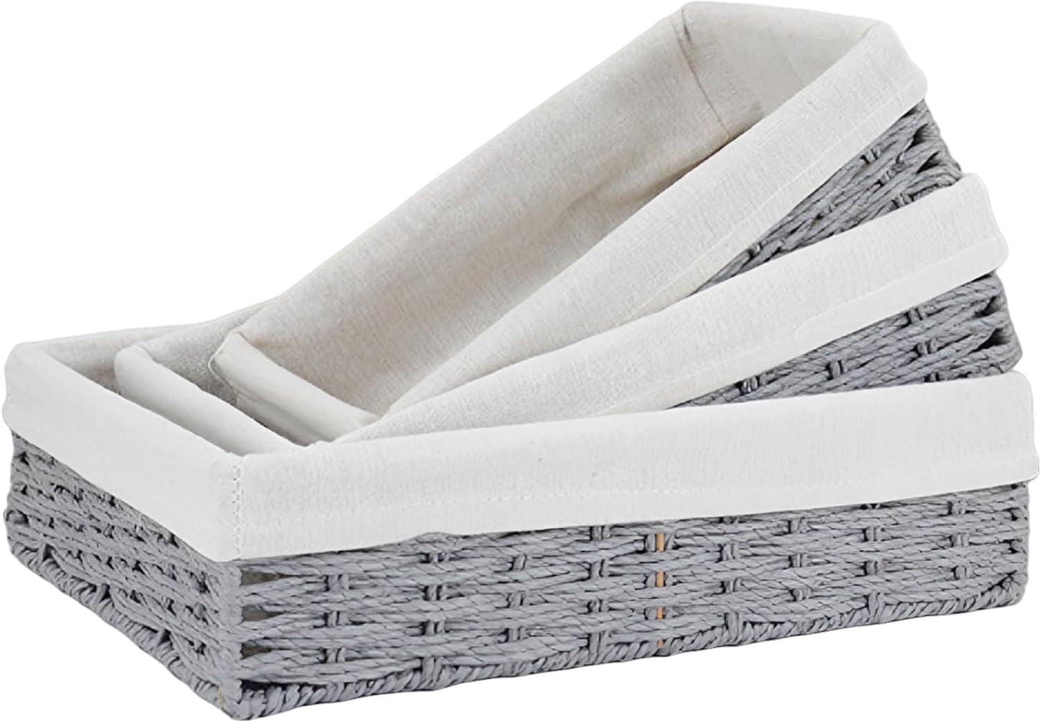 3 Paper Rope Storage Baskets Set, Medium Gray Woven Bins, Removable Linen Liners, Sturdy Iron Frame, for Home Decor, Desk, Shelf, Large 13.8 X 9.8 X 3.5 in