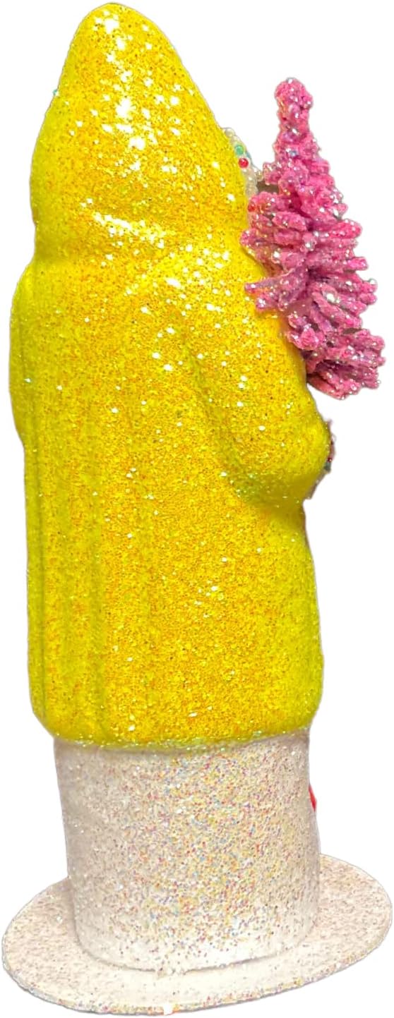 Pinnacle Peak Trading Company Ino Schaller Neon Yellow Glitter Santa with Pink Tree German Paper Mache 6 Inch