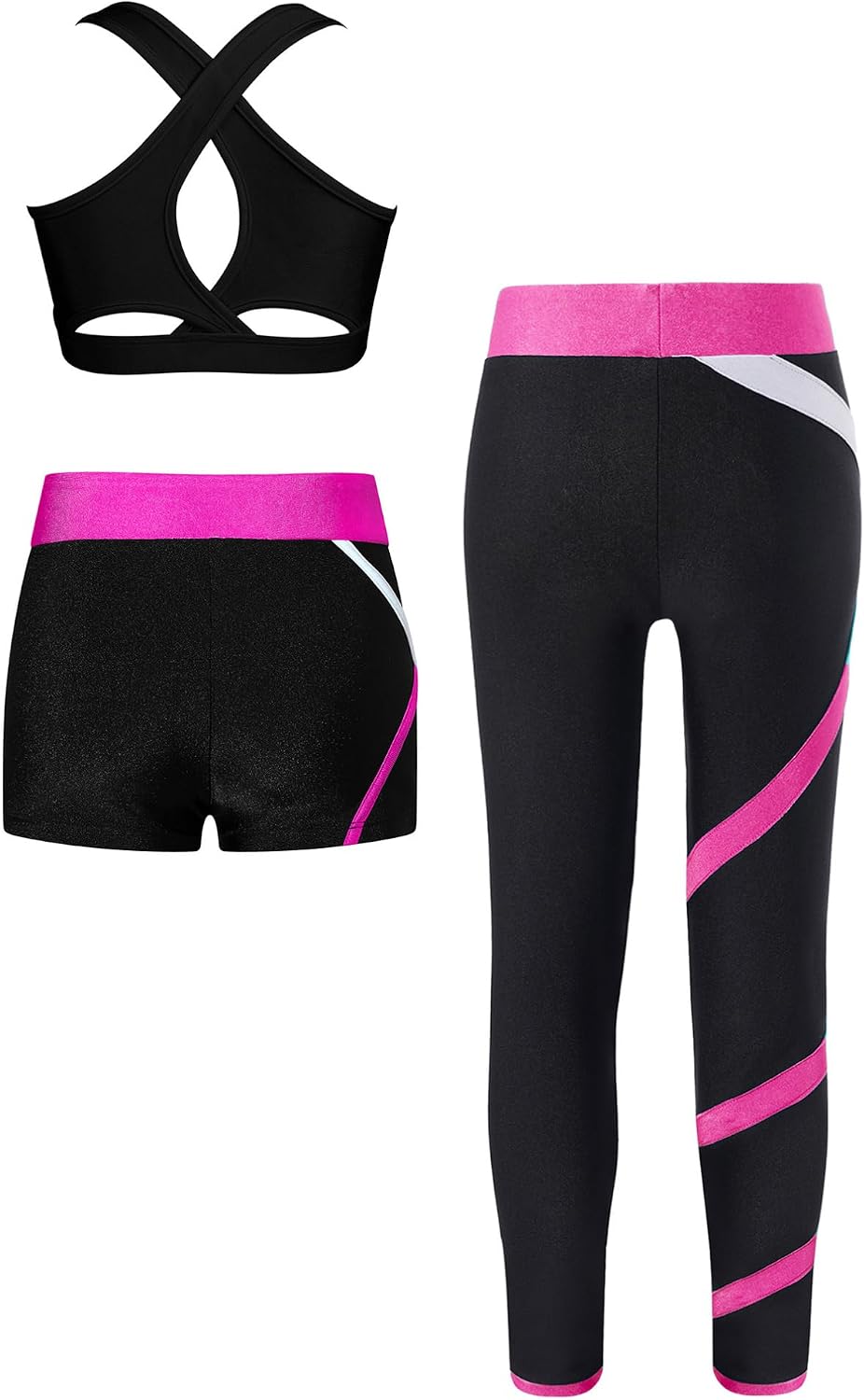 iiniim Youth Dance Performance 3 Piece Outfit Crop Top with Shorts and Stretchy Leggings Hot Pink A 16 Years