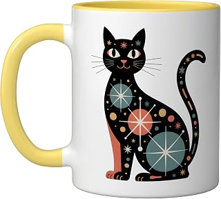 Mid Century Modern Cat Retro Atomic Starburst Design Ceramic Mug, Yellow/White