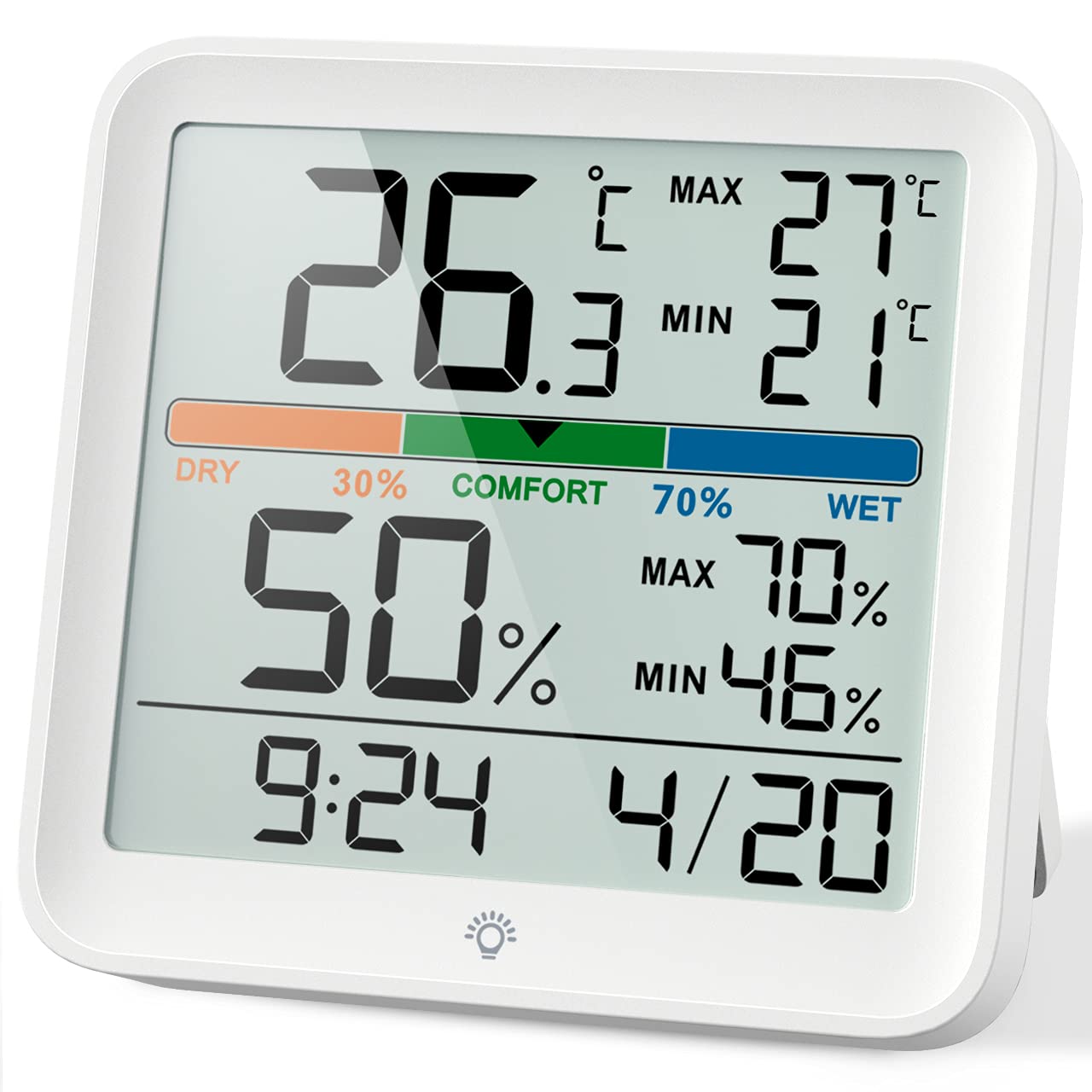 NOKLEAD Hygrometer Indoor Thermometer Digital Thermo-Hygrometer Temperature and Humidity Meter Room Climate Indicator with Calibration Touchable Night Light, Comfort Display MAX/MIN Data Sets-image-49