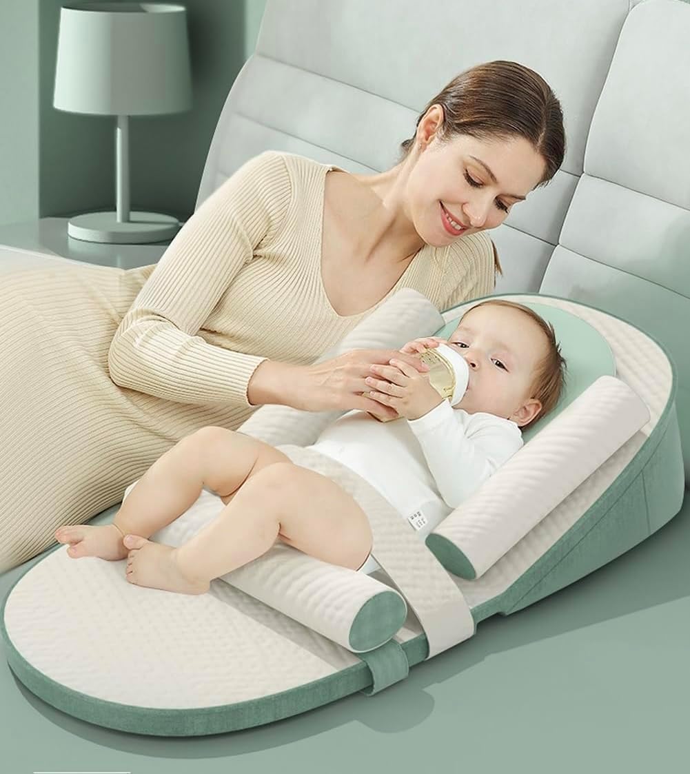 Baby Anti Overflow Anti Choking Breastfeeding Pillows,Baby Lounger, Travel Bed Nest Ultra Soft,0-30° Height Adjustable Relieves Vomiting Milk, Intestinal Colic,Newborn Feeding Support (Green)