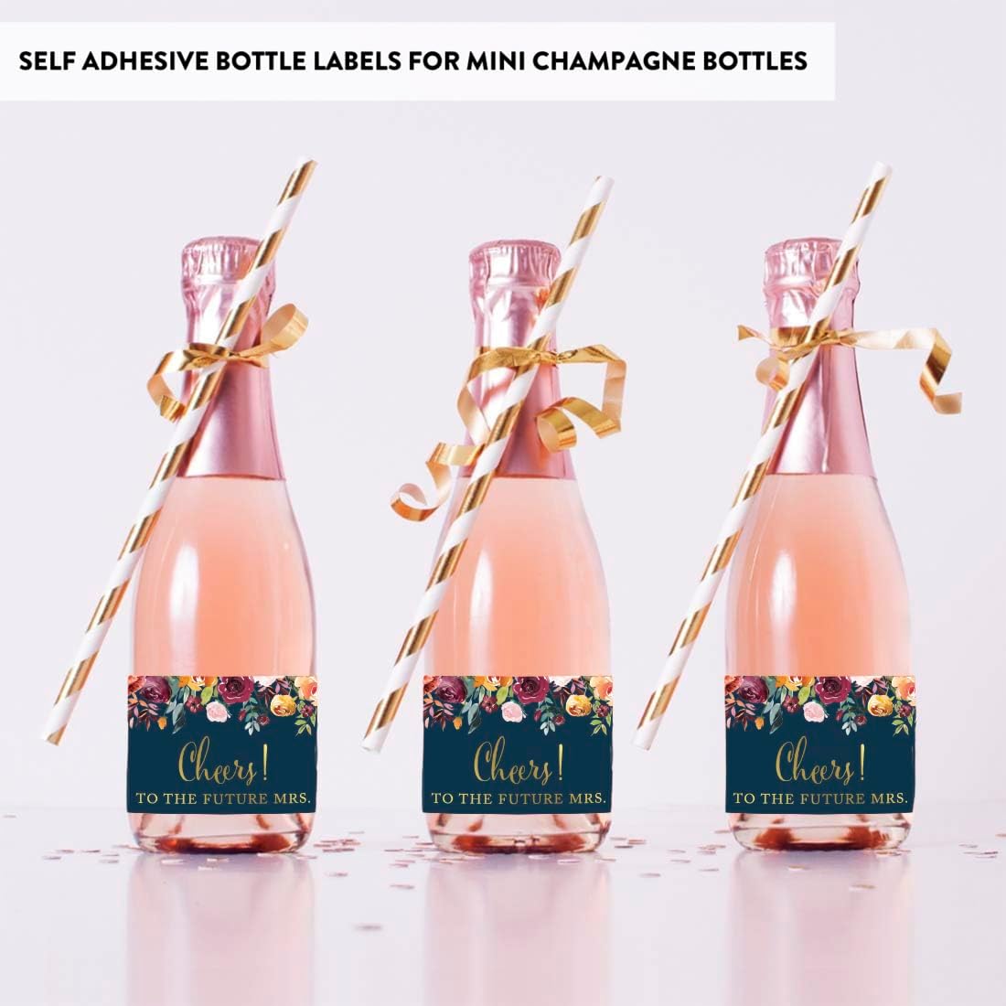 Andaz Press Bachelorette Mini Wine Labels for Bottles, Cheers! to The Future Mrs., Fall Autumn Navy Blue Floral Roses 20-Pack Custom Mini Champagne Bottles Bulk Waterproof Mini Wine Bottle Labels