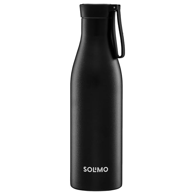 Solimo 850ml Stainless Steel Vacuum Insulated Bottle with Carry-on Strap | Double-Wall Insulation, Leak-Proof, 24 Hours Hot and Cold | for Work, Home, Commute and Travel | Black