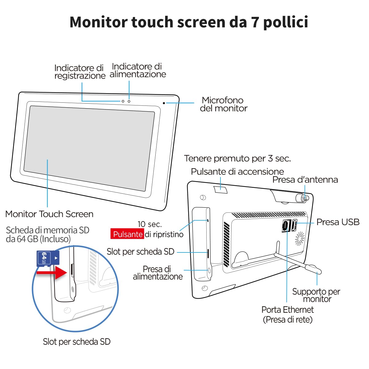 SecuFirst Kit Telecamere Videosorveglianza Esterno,Con monitor Touch Screen da 7",Lavora senza wifi,2K telecamere senza fili da esterno.64 GB di memoria,Nessun costo di abbonamento.