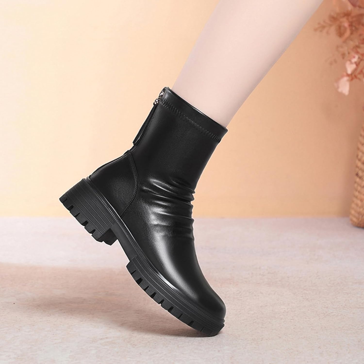 Women's Platform Lug Sole Chelsea Ankle Boots Fashion Back Zipper Wide Width Chunky Block Heel Wrinkled Booties
