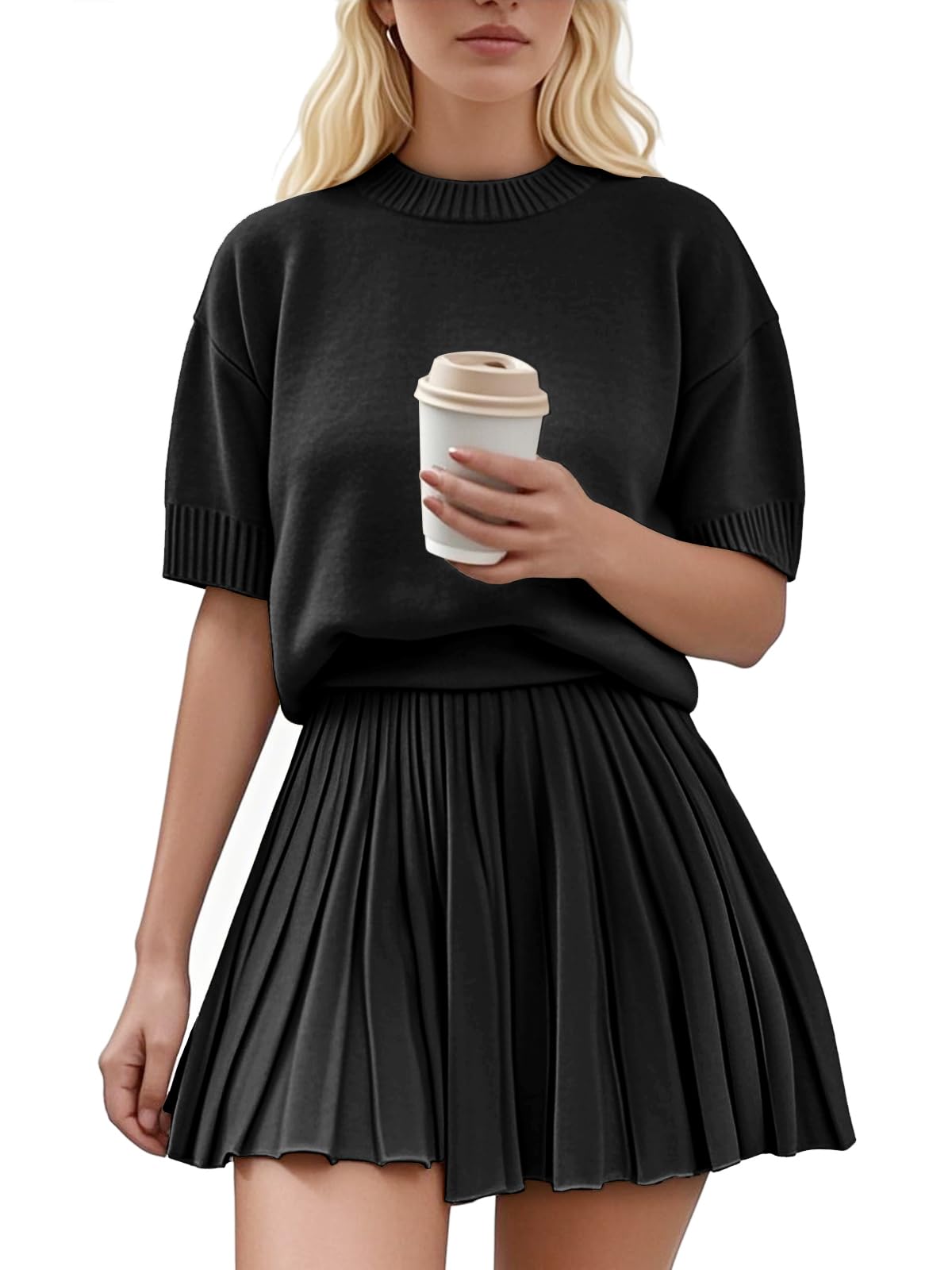 Photo 1 of Jenisso Womens 2 Piece Outfits Short Sleeve Crewneck Knit Tops And Pleated Mini Skirt Two Piece Sets?Black M