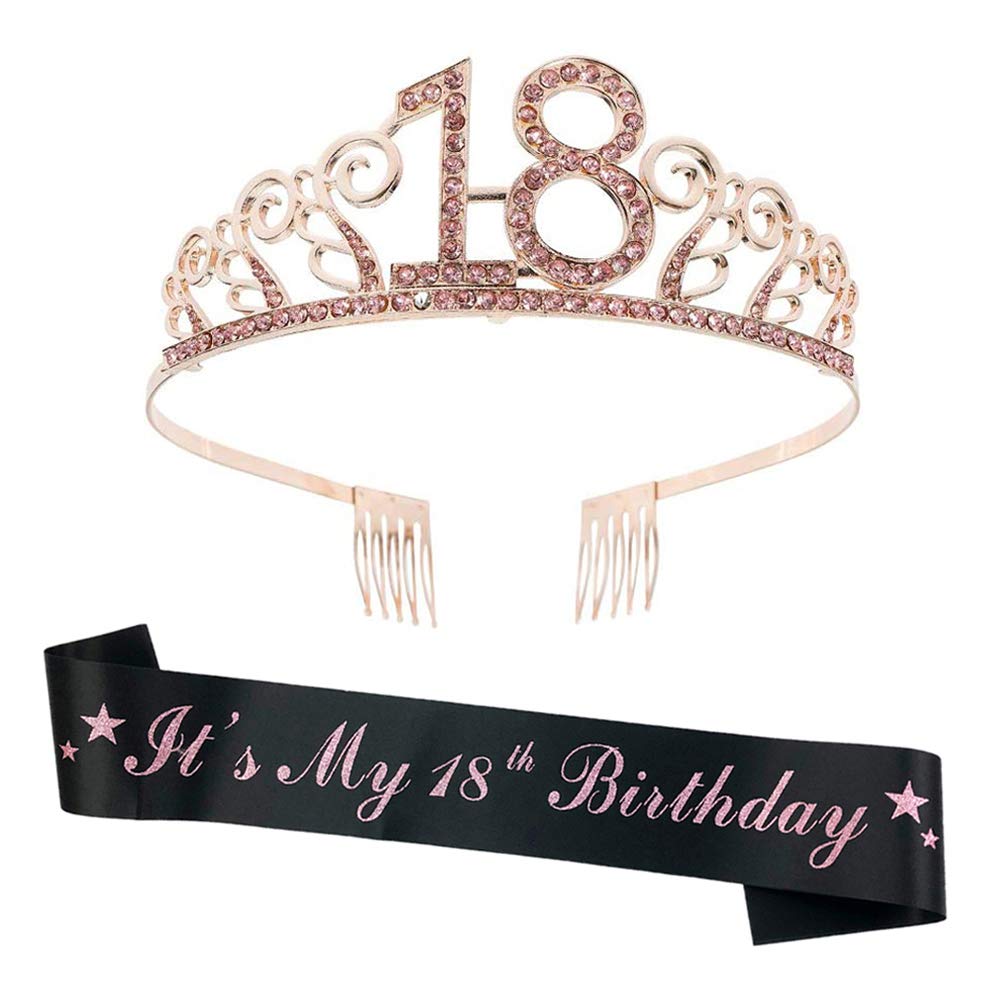 REYOK Diadema con corona de oro rosa 18 Tiara de 18 cumpleaños con diamantes de imitación Corona de cristal para mujer con peines para accesorios de fiesta de regalo de cumpleaños número 18