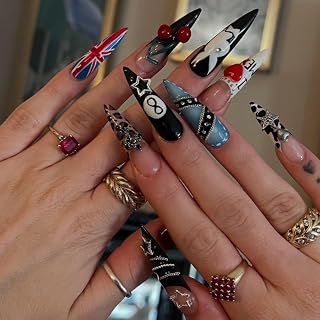 Handmade Gothic Punk Rock Grunge Press On Nails Extra Long Stiletto British Flag Union Jack 3D Charms Fake Nails Cherry 8 Ball Cow Leopard Print Black Red Blue Edgy Y2K Custom False Nail Art