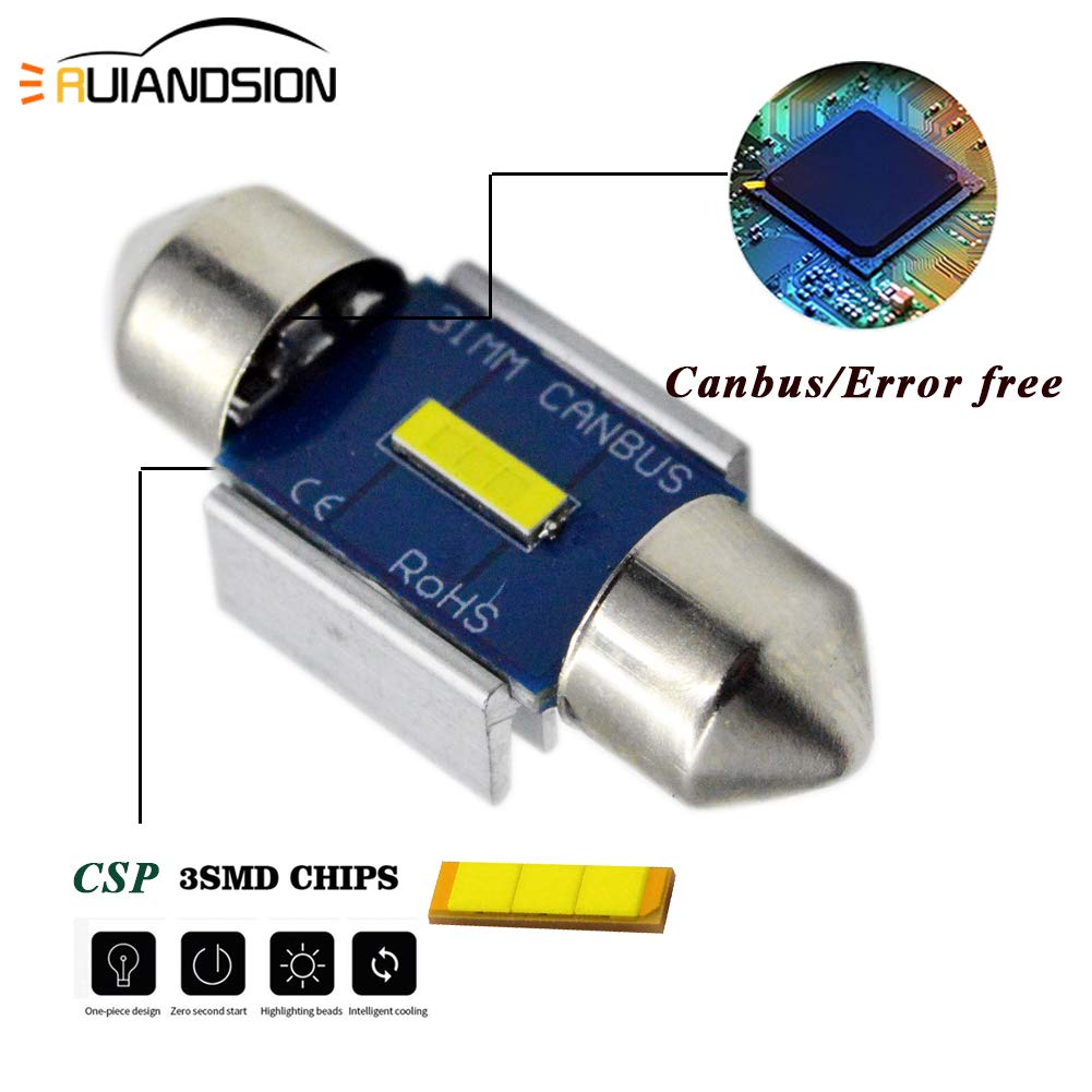 Ruiandsion 2 szt. 31 mm Festoon żarówki LED bez błędów Canbus super jasne białe chipsety 3-SMD CSP żarówka LED do wnętrza samochodu lampa mapy kopuły
