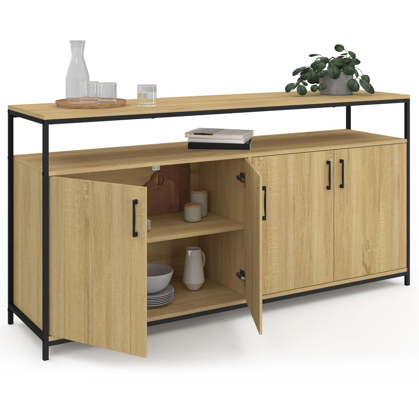IDMarket - Aparador (160 cm, 4 puertas, madera y negro, diseño industrial