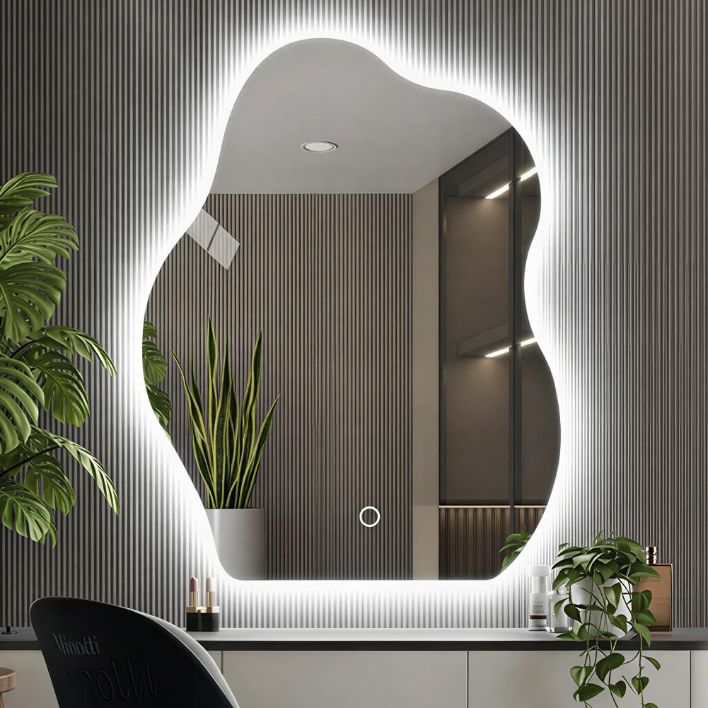 Shally Dogan Specchio Ondulato da Parete con Led Dimmerabile a 3 Colori, Bianco Freddo, Caldo e Naturale, Accensione con Touch, Decorazione da Muro Design Moderno e Salvaspazio, 50 x 70 cm