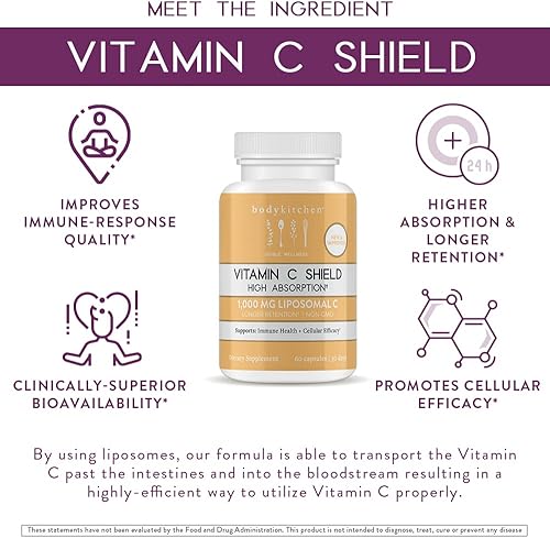 Miniatura 2 de Body Kitchen Escudo liposomal de vitamina C, 1000 mg PureWay-C, alta absorción, sin OMG, apoya la salud inmunológica y la eficacia celular, cápsulas