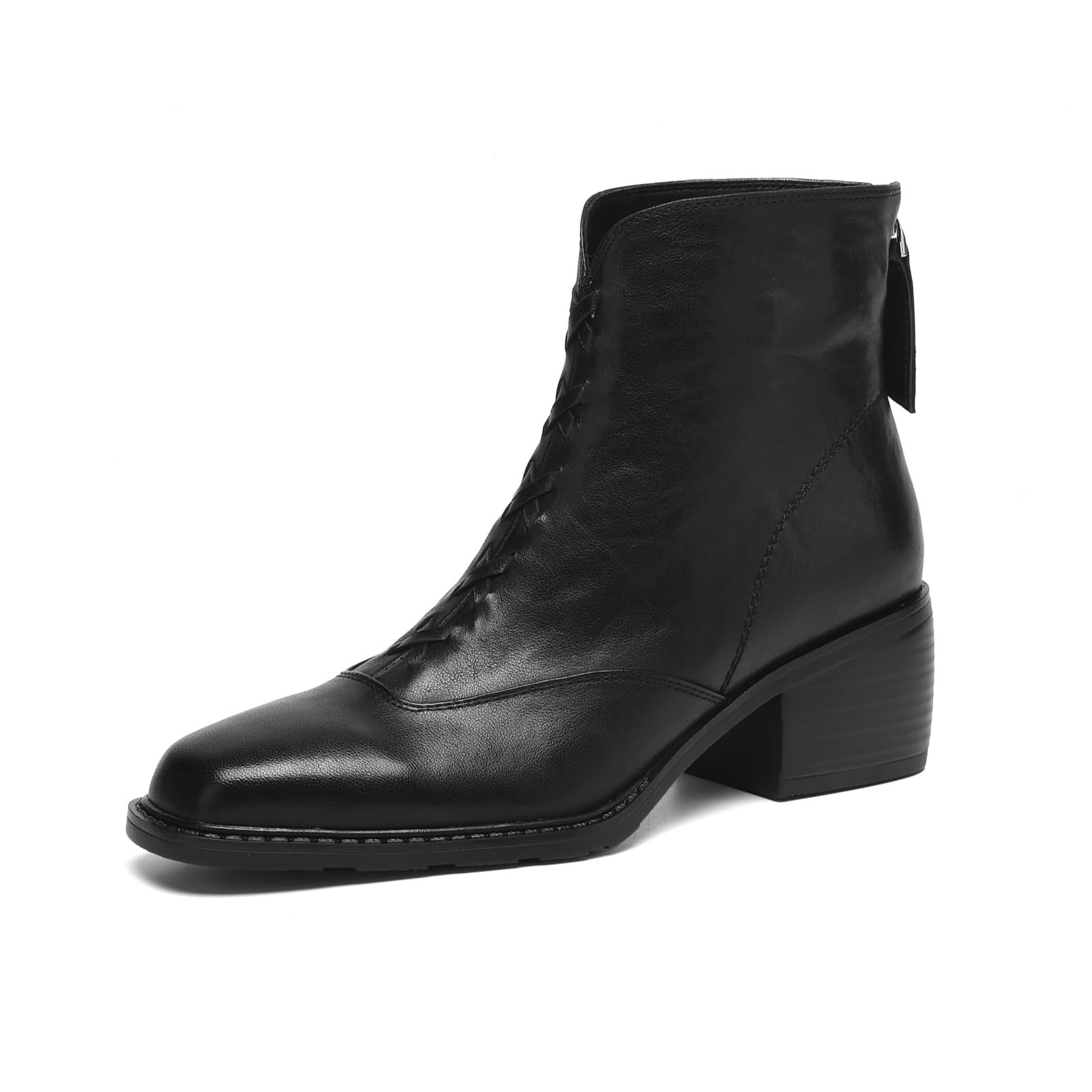 TinaCus Handmade Woven Ankle Boots Genuine Leather Womens Round Toe Chunky Heels Zip up Booties
