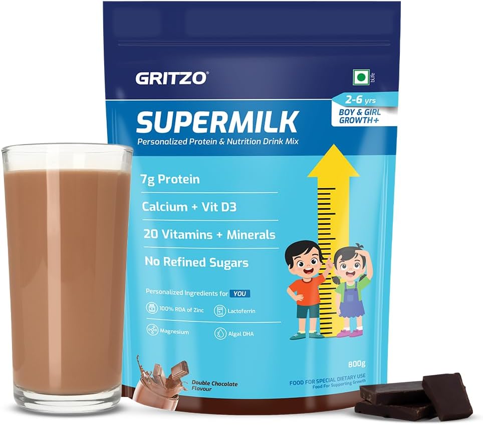 SuperMilk Growth+ (Formerly Height+) (2-6y Boy & Girl), 7g Protein Powder (Double Chocolate, 800g) | Zero Refined Sugar, 20 Vitamins & Minerals